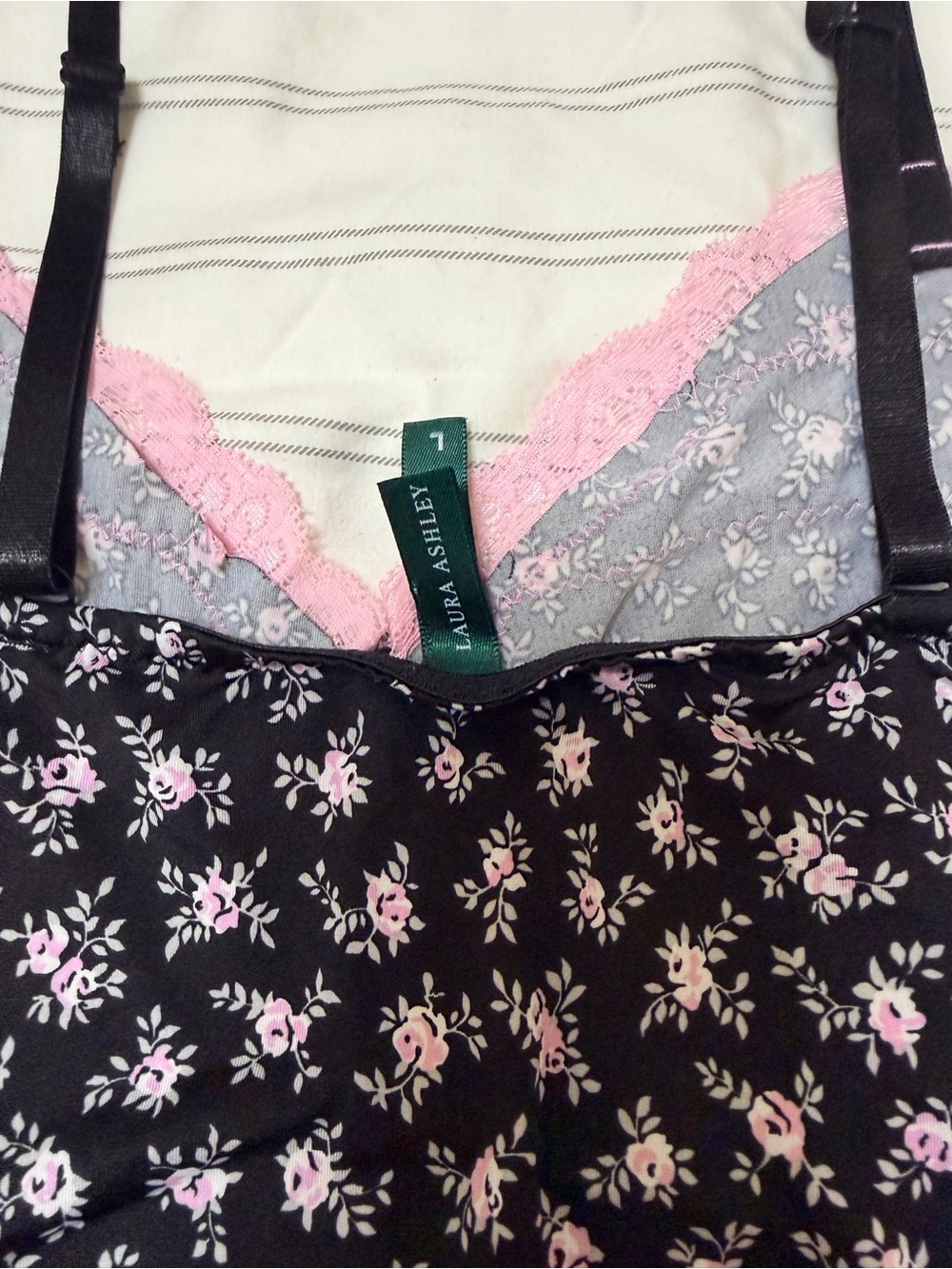 Laura Ashley Black Sleep Set with Pink Floral Print and Pink Lace - Picture 3 of 9